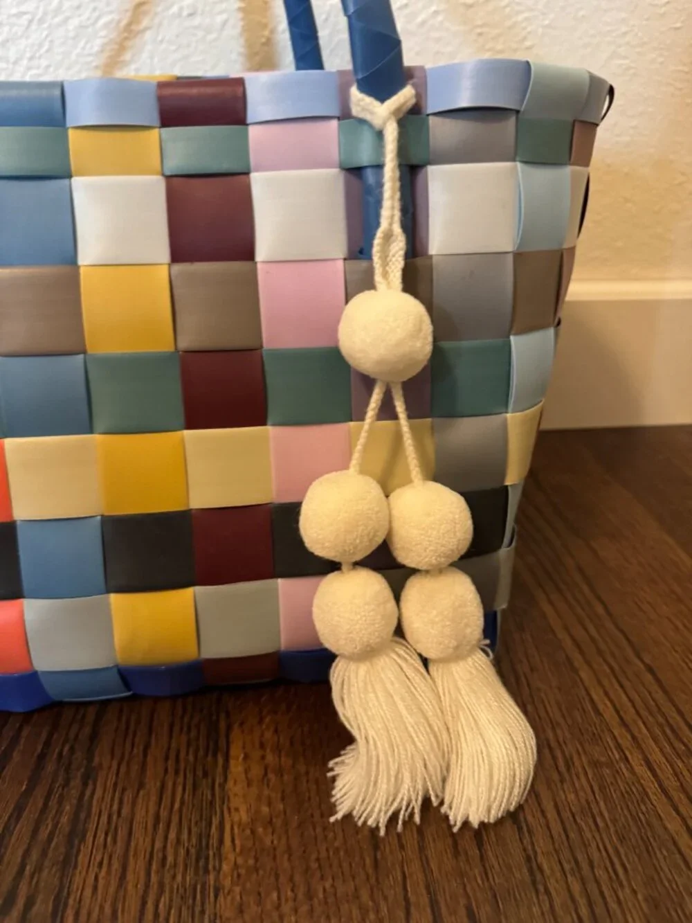 Handed By Paris Recycled Plastic Tote Bag Multi Color with Cream Pom Pom